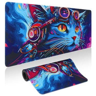 Imagem de Mouse pad para jogos – tapete de mesa para teclado e mouse – mouse pad grande com cabeça de gato fixe para mesa, mousepad para jogos com base antiderrapante, tapete de mesa (80 cm x 30 cm) para jogos