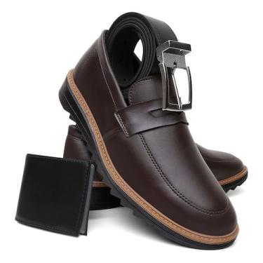 Imagem de Kit Sapato Masculino Social Mocassim Cafe Carteira Cinto + Palmilha Br