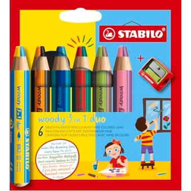 Imagem de STABILO Lápis multitalentoso woody 3 em 1 duo - pacote com 6 - cores sortidas com apontador