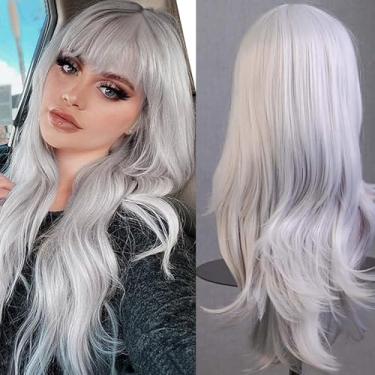 Imagem de PORSMEER Peruca de cabelo inteiro ondulado, longo de 70 cm/28 polegadas, anime, cosplay, fantasia de Halloween, festa, resistente ao calor, perucas sintéticas para mulheres e meninas (prata)