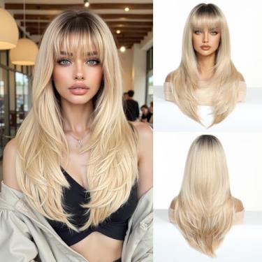 Imagem de Esmee Peruca de cabelo loiro longo liso ombré franja em camadas para mulheres, respirável, confortável, natural, realista, feminina, perucas de festa, uso de 61 cm