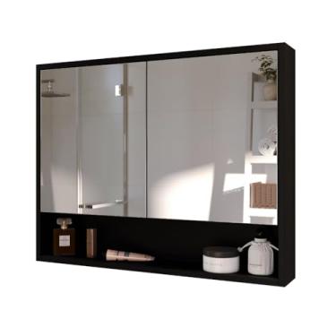 Imagem de Armário Banheiro com Espelho, Armário de Banheiro com Espelho Largura 68cm com Duas Portas Suspenso de Parede(Preto)