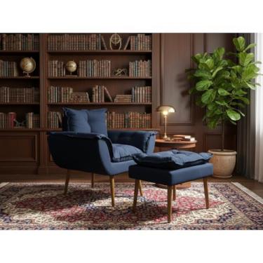 Imagem de Poltrona Decorativa com Puff, Estilo Moderno, Conjunto de Cadeira e Apoio para Pés, para Sala de Estar, Recepção, Quarto, Penteadeira e Closet (Azul Marinho)