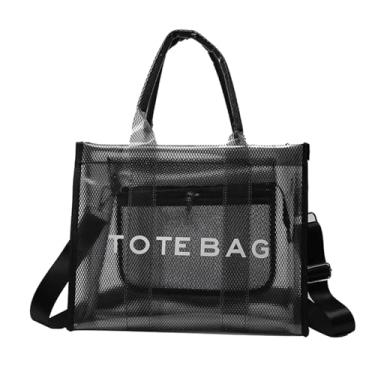 Imagem de WREWING Sacola transparente para mulheres, bolsa de praia de malha grande, bolsa transversal transparente de PVC com zíper, bolsa de estádio para esportes de viagem, Preto, Moderno
