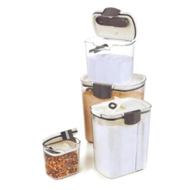 Imagem de Kit 4 Potes Herméticos de Plástico Transparente com Tampa Branca Dispenser Porta Grãos Açucareiro Multi Dispenser Vedação Hermética para Açúcar Café Farinha