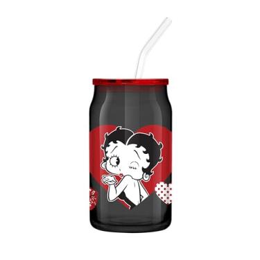 Imagem de Silver Buffalo Copo de vidro Betty Boop Core Winking Hearts de 473 ml com tampa de plástico e canudo de vidro