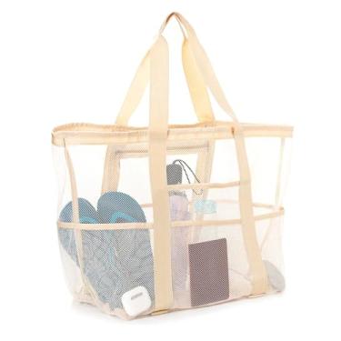 Imagem de Bolsa de praia grande de malha, bolsa de praia com bolsos com zíper - Piscina familiar, brinquedos e itens essenciais para férias, Bege, Large