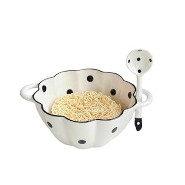 Imagem de A bacia de sopa de cerâmica colorida com ponto de onda de grande capacidade é requintada e resistente ao calor para uso doméstico - [20,3 cm] tigela de abóbora de 1,4L + colher