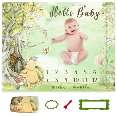 Imagem de Cobertor de marco mensal clássico Winnie Baby Design gráfico de crescimento fundo de fotografia suave para decoração de berçário de bebês meninas meninos 118 x 101 centímetros