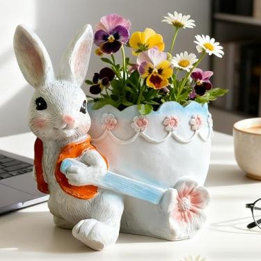 Imagem de KEEPPACE Vaso de resina para carrinho de flores de coelho de 14 cm – Vaso de suculentas de coelhinho da Páscoa com orifício de drenagem, lindo carrinho de decoração de jardim, presente para mãe, vovó