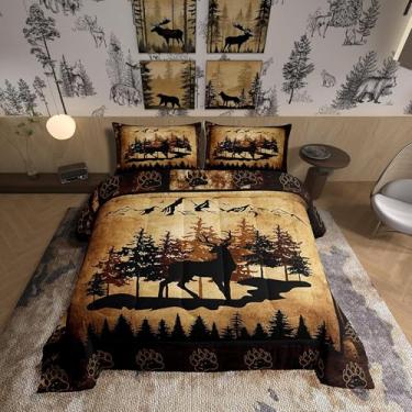 Imagem de Homewish Conjunto de edredom casal com silhueta de veado, 3 peças, árvore da selva, animal selvagem, para crianças, adolescentes e adultos, desenho de montanha, retrô, madeira quadriculada, conjunto