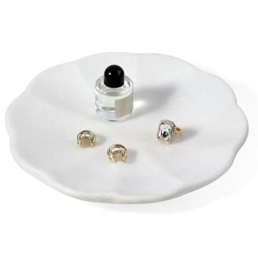 Imagem de Koville Prato de joias de mármore, pequeno prato redondo de pedra para anel, colar, brinco, bandeja decorativa de 10 cm, decoração estética de mármore para mesa de casa (20 cm - branco)