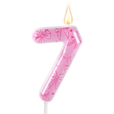 Imagem de Vela de aniversário com laço rosa, número com tema de laço elegante, enfeite de bolo de aniversário para mulheres, meninas, festas de casamento, chá de bebê, decorações de aniversário (número 7)
