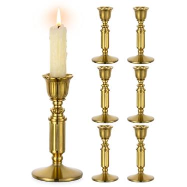 Imagem de Castiçais dourados decoração vintage - Castiçal de latão sólido Romadedi para mesa de casamento, Natal, mesa central, cornija, decoração de casa, 14 cm, conjunto de 6