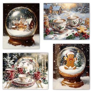 Imagem de FITIE Conjunto de 4 pôsteres de arte de parede de globo de neve de Natal nostálgico, cafeteria de Natal, casa, cozinha, padaria, decoração, decoração de parede, decoração de parede, 20 x 25 cm sem