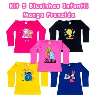 Imagem de Kit 5 Camisetas Femininas Infantil Manga Longa 100% Algodão - Fun kids
