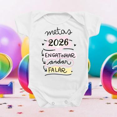 Imagem de Body de Bebê Roupinha Metas 2026 Engatinhar Andar Falar Rosa Menina Re