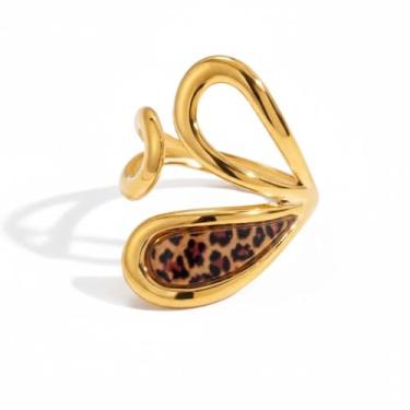 Imagem de Izpack Aliança feminina com estampa de leopardo Boho – Anel de noivado ajustável de aço inoxidável banhado a ouro 18 K com gota d'água ajustável, ajuste confortável, joia personalizada, coquetel
