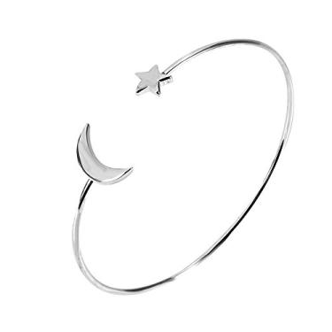 Imagem de Tnfeeon Pulseira de Cobre Banhada, Design de Lua e Estrela, Versátil e Elegante, Ajuste Ajustável para Mulheres (Prata)