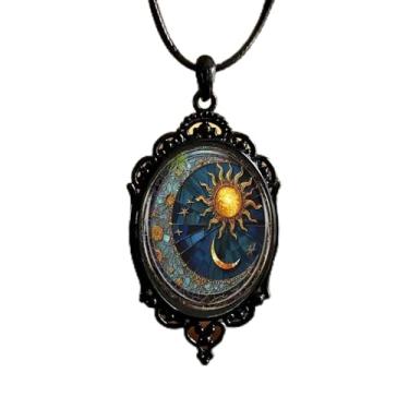 Imagem de Colar gótico de sol e lua para mulheres, pingente de vidro camafeu lunar vintage com corrente de corda, joia de bruxa estilo punk para presente de Dia dos Namorados, One Size (20-24 Inches), Metal