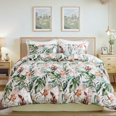 Imagem de Jogo de cama King floral 100% algodão, folha de palmeira, botânico, decoração de casa, 3 peças com 2 fronhas, reversível, para todas as estações