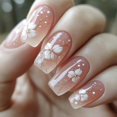 Imagem de Unhas de pressão quadradas médias com cola falsa de geleia com design requintado de flor, cobertura completa, bastão falso artificial em unhas de acrílico para mulheres, casamento, 24 peças