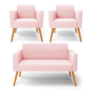 Imagem de Sofá Namoradeira com 2 Poltronas Pés Palito Castanho Marisa Suede Rosa