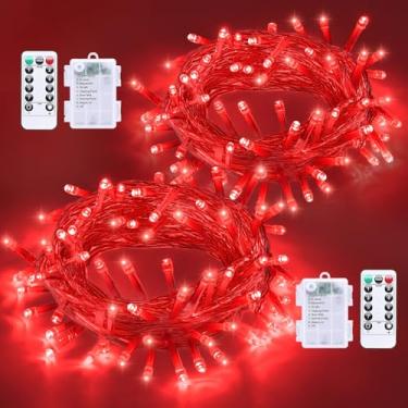 Imagem de QITONG Pacote com 2 luzes vermelhas de Halloween operadas por pilha, cada corda de luzes LED de 10 metros, à prova d'água, com controle remoto, luzes cintilantes de Natal com 8 modos internos