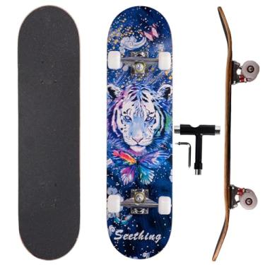 Imagem de Skate profissional de chute duplo, deck de bordo de 78,7 cm, rolamentos ABEC-9, rodas de poliuretano 95A, design gráfico personalizado (tigre (ferramenta T incluída), 78,7 cm)