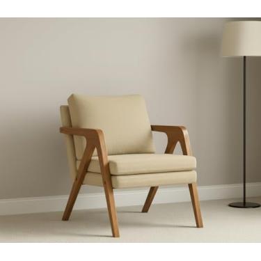 Imagem de Poltrona Mona Linho Estofada Decorativa Luxo Pés De Madeira Maciça Sala Estar Recepção (BEGE)