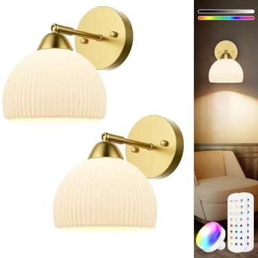 Imagem de HURYEE Conjunto de 2 arandelas de parede operadas por bateria, arandelas de vidro dourado com controle remoto, 3CCT e cores RGB, luzes de parede recarregáveis para quarto, sala de estar, varanda