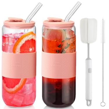 Imagem de ASANMEYO Copos de vidro em forma de lata de 680 g com tampas de silicone e canudo de vidro, 2 peças de copos com tampas e canudos, e mangas de silicone, copos de cerveja, xícaras de café gelado