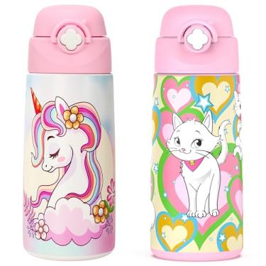 Imagem de Ntswasd Garrafa de água isolada para meninas com canudo pop-up coberto, copos infantis de 473 ml com aço inoxidável à prova de vazamento para escola (pacote com 2, unicórnio + gato)