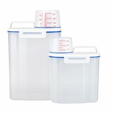 Imagem de Kit Hermético Porta Mantimentos ou Produtos de Limpeza, com Copo Medidor. 2 Unidades. Uso em Cozinha ou Lavanderia