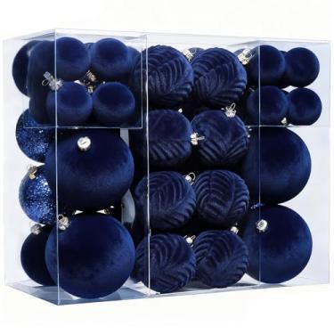 Imagem de Conjunto de 53 peças de enfeites de Natal de veludo, bolas de Natal azul marinho, com decoração de sinos de Natal e enfeites de papel, conjunto de decorações de árvore de Natal penduradas à prova de