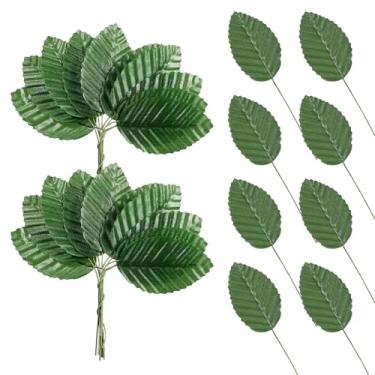 Imagem de Eldraqth 200 peças de folhas artificiais falsas com fio único, 11 cm, folhas artificiais para artesanato, folhas verdes falsas de rosa para flores, arranjos de casamento, decorações de buquê de