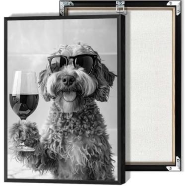 Imagem de Cachorro de pelo usando óculos de sol segura copo de vinho arte de parede em tela engraçada pôsteres de cachorro bar impressões de carrinho para cozinha sala de estar dormitório decoração de parede