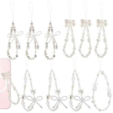 Imagem de 10 peças de pulseira de berloques de telefone, alça de pingente de câmera, laço de borboleta e alças de pulso com contas de flores, chaveiro de cordão de pulseira de pérola, estilo de fada para
