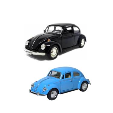 Imagem de Kit 2 Carrinhos de Ferro Fusca, Miniatura de Carro Colecionável, Abre Portas, Com Fricção, Fusca Miniatura Preto + Azul - Antigos Clássicos