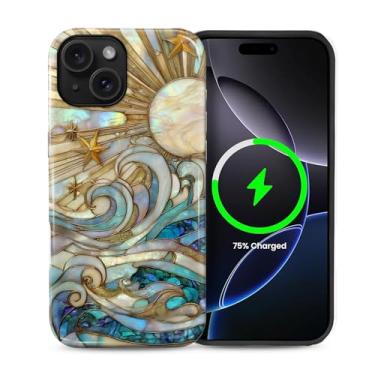 Imagem de casesok Capa para iPhone 15, compatível com MagSafe, capa rígida de camada dupla + capa de silicone, proteção total à prova de choque para iPhone 15 - ondas de vidro manchado raios solares