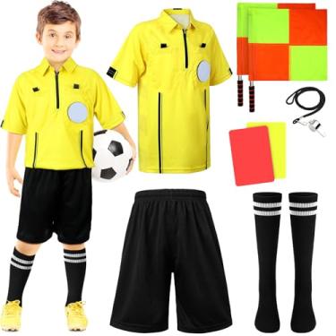 Imagem de Newcotte 11 peças kit de árbitro de futebol infantil fantasia de árbitro de Halloween conjunto de equipamento de árbitro juvenil camisa de juventude meias apito com cordão bandeira de penalidade