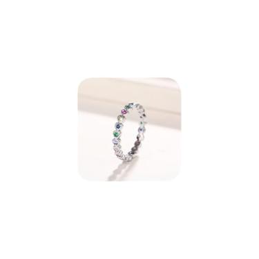 Imagem de Anéis de chacra coloridos de coração banhado a prata 925 para mulheres arco-íris eternidade polegar aliança de casamento redonda zircônia cúbica CZ anéis delicados para mulheres tamanho 7#