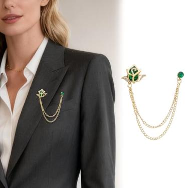 Imagem de Corrente banhada a ouro prata cristal rosa broches colar pinos strass com corrente pendurada terno camisa broche lapela broche jóias moda para homens mulheres, Medium, Cristal, Cristal