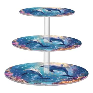 Imagem de Blueangle Suporte redondo de cupcake de 3 camadas – Torre de sobremesa acrílica Ocean Dolphins, suporte de sobremesa em camadas antiderrapante para chá de bebê, aniversário, festa de casamento (415)