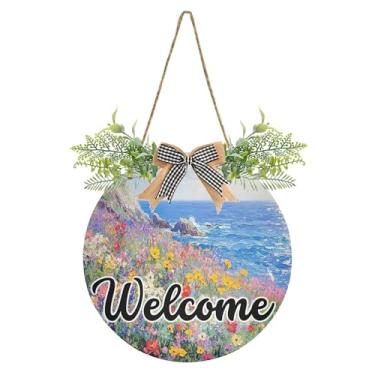 Imagem de SEHANY Placa de boas-vindas de flores e mar, decoração de porta da frente, guirlanda de boas-vindas redonda para decoração de casa de fazenda, varanda e pátio, 30 x 30 cm