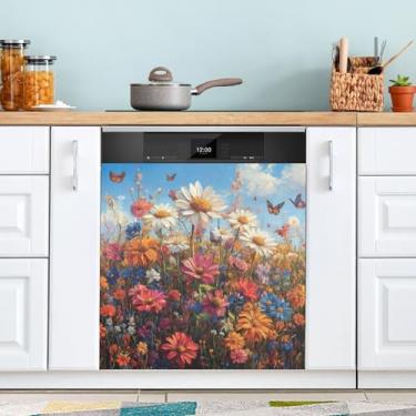Imagem de ATTX Capa de ímã de lava-louças colorido flores silvestres prado, 58,4 cm C x 66 cm A decoração da capa da máquina de lavar louça, decalques de armário doméstico eletrodomésticos adesivos #150