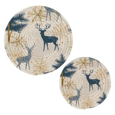 Imagem de Blueangle 2 peças de suporte de panela de trivet de veado de Natal - conjunto de pegadores de panela de tecido redondo - almofadas quentes trançadas de algodão - porta-copos - tapetes de mesa para