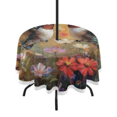 Imagem de ATTX Toalha de mesa redonda com beija-flores silvestres ao ar livre – 152 cm, impermeável, à prova de derramamento, uso interno/externo, com orifício para guarda-chuva com zíper para acampamento