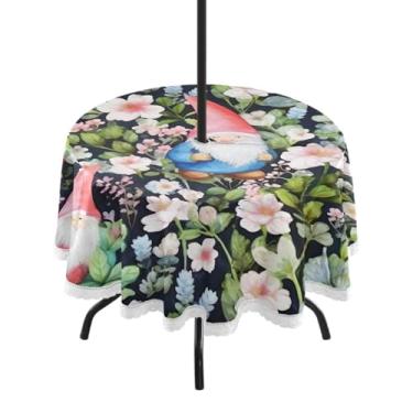 Imagem de ATTX Toalha de mesa redonda Gnomos Flower Outdoor – 152 cm, impermeável, à prova de derramamento, uso interno/externo, com orifício para guarda-chuva com zíper para acampamento, piquenique, praia