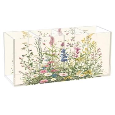 Imagem de SEHANY Porta-canetas de acrílico com flores silvestres coloridas, 4 compartimentos, porta-lápis transparente, organizador de pincéis de maquiagem, organizador de papelaria para escritório, casa